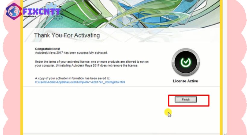 Tiến hành chọn Finish hoàn thành cài maya 2017.