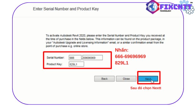 Điền số serial như hình sau đó chọn Next.