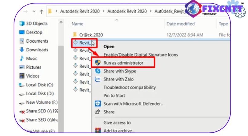 Khởi chạy file Revit01 bằng quyền administration
