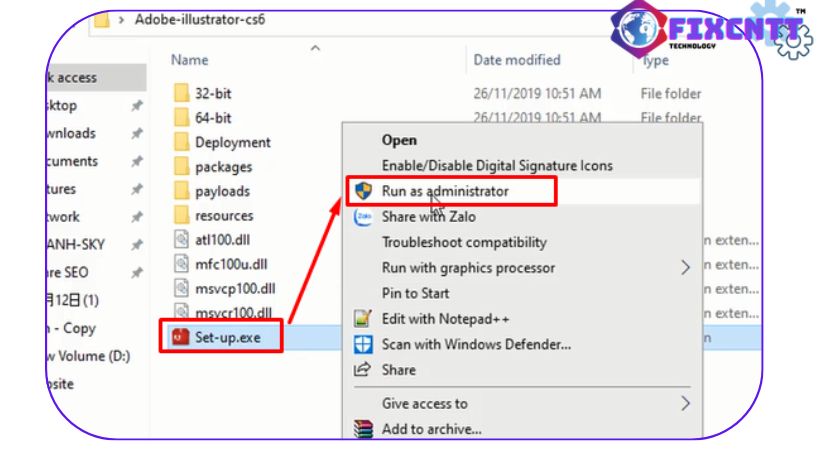 Nhấn chuột phải vào file setup sau đó chọn run as admin tiếp tục cài đặt adobe illustrator cs6