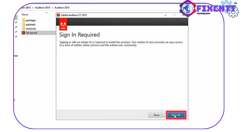 Bây giờ chọn sign in để cài đặt adobe audition 2015.