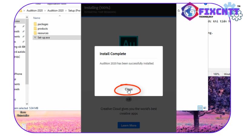 Chạy xong thì chọn close. Hoàn thành cài đặt Audition 2020.