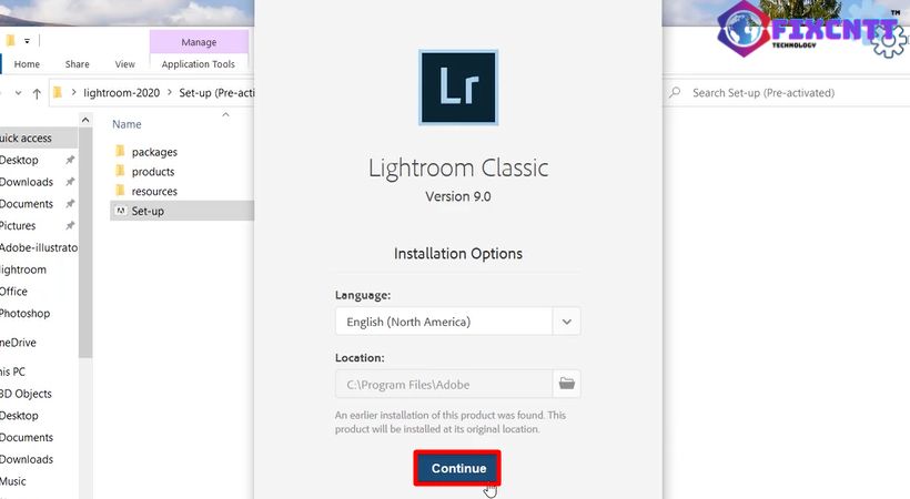 Chọn continue để cài đặt lightroom 2020.