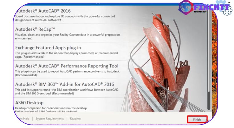 Chọn finish hoàn thành cài đặt autocad 2016.