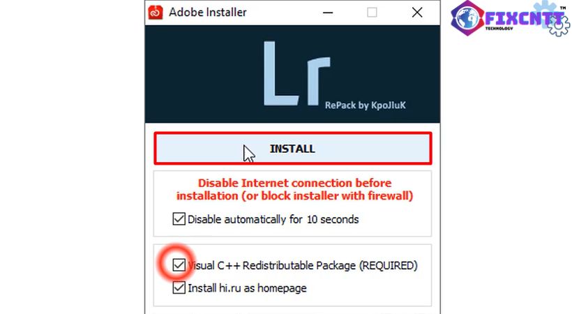 Chọn install adobe lightroom 2019.