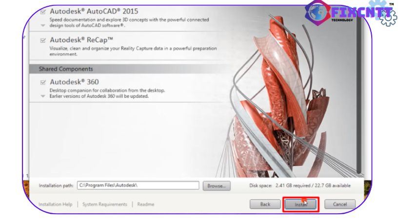 Chọn install phần mềm autocad 2015.