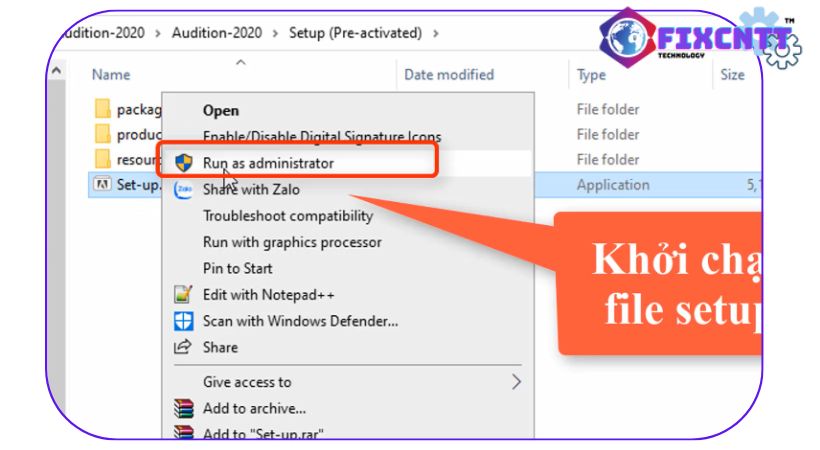 Chọn vào run as administrator để chạy file Audition 2020