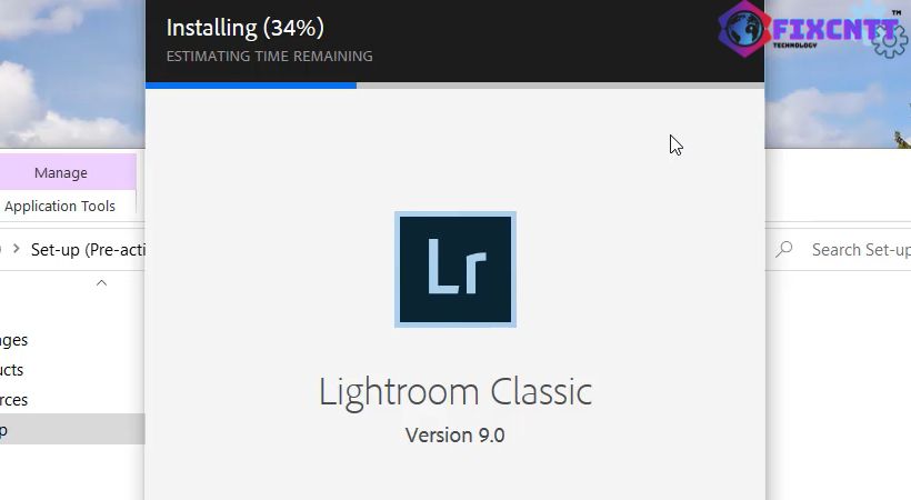 Đợi installing 100% là cài đặt adobe lightroom 2020.