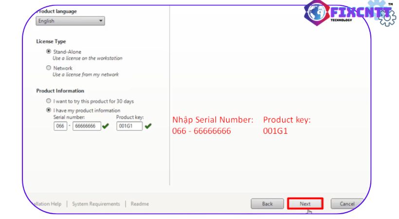 Nhập số seri như hình rồi chọn Next.