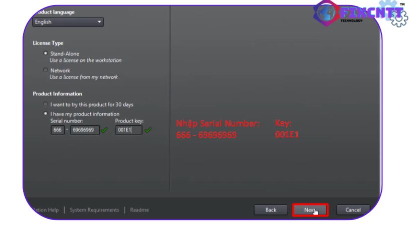 Tại đây nhập key sau đó chọn Next.