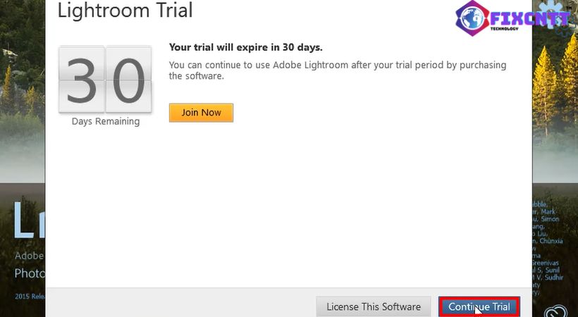 Tiếp tục chọn continue trial là cài đặt xong lightroom 2017.