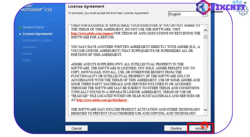 Chọn Accept để cài đặt Photoshop cs3.