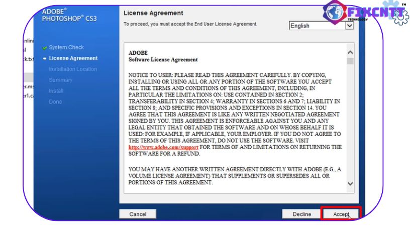 Chọn Accept để cài đặt photoshop cs4.
