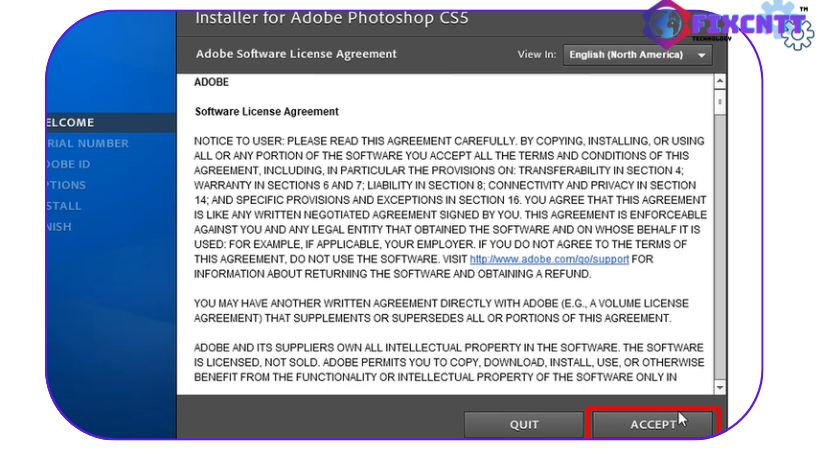 Chọn Accept để tiếp tục cài đặt Photoshop cs5.
