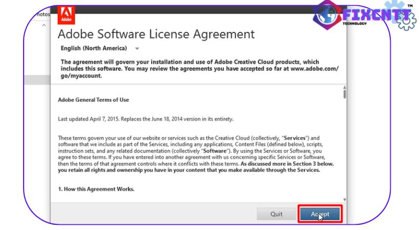 Chọn Accept là xong phần cài đặt Photoshop 2015.