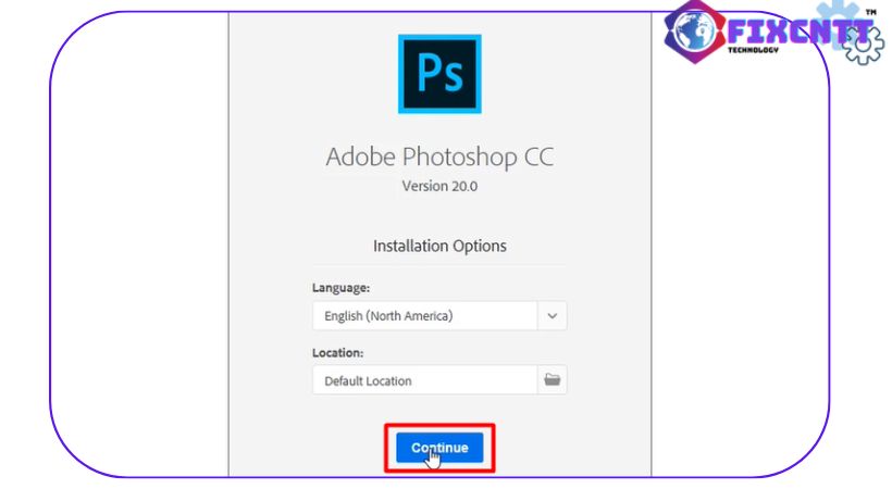 Chọn continue tiếp tục cài đặt adobe photoshop 2019.