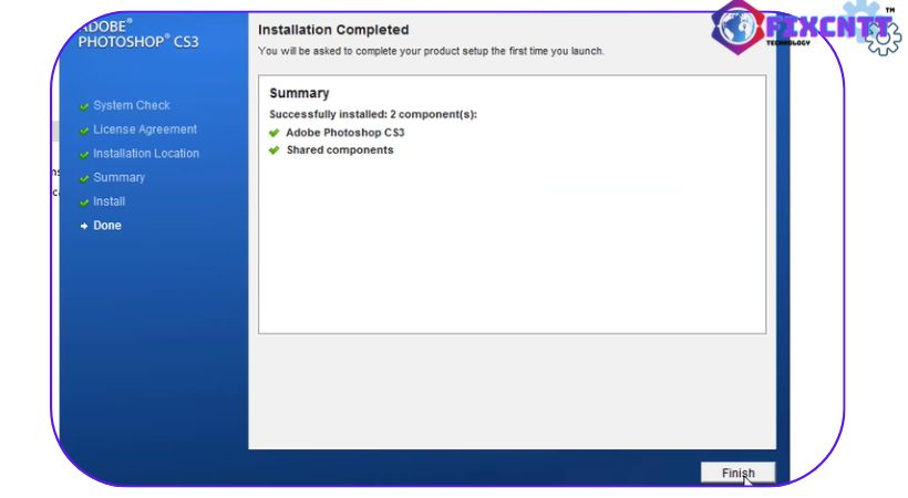 Chọn finish hoàn thành cài đặt photoshop cs3.