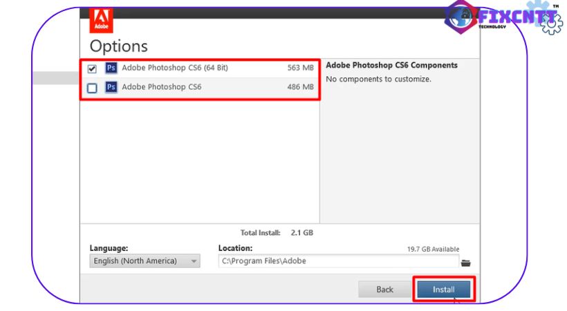 Chọn phiên bản phù hợp với máy tính và chọn install Photoshop cs6.