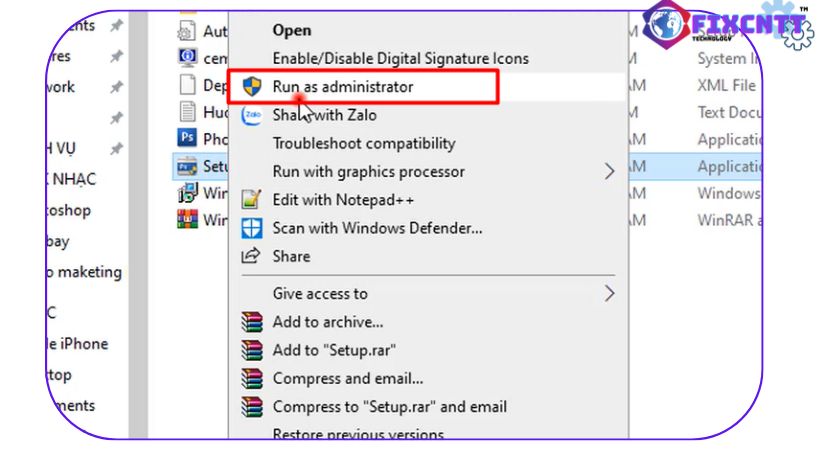 Chọn run as administrator file setup.