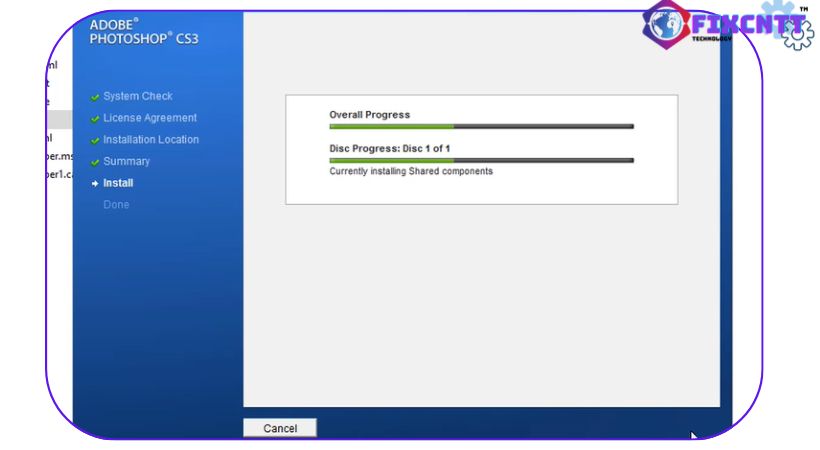 Đợi phần mềm adobe photoshop cs3 được cài đặt.