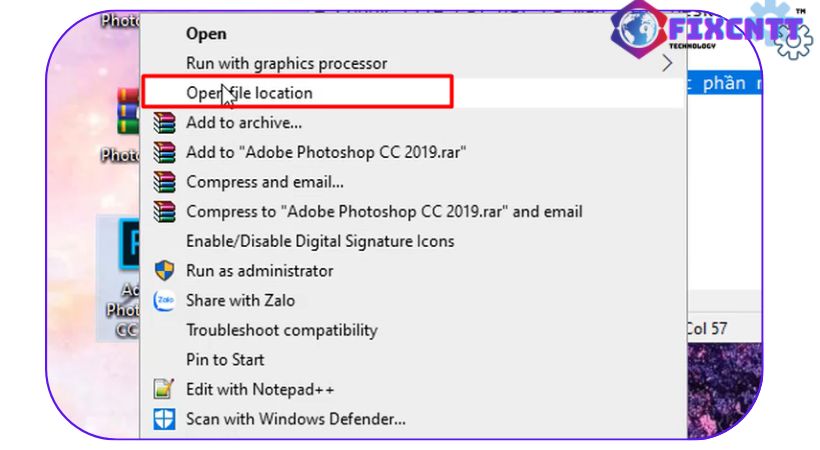 Mở vị trí open file location của photoshop 2019.